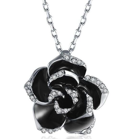 Sterling Silver Black Flower Enamel Drip Rhinestone Necklace Womens New - Picture 8 of 12